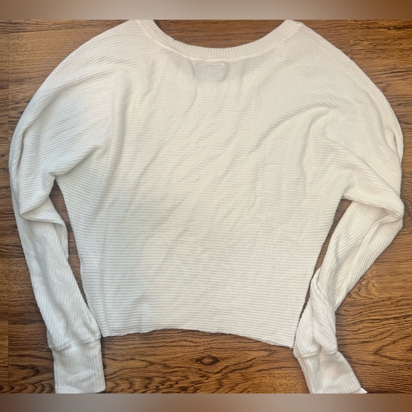Joah Brown Slouchy Dolman off the shoulder ivory rib sweater knit fabric frayed - Picture 6 of 8